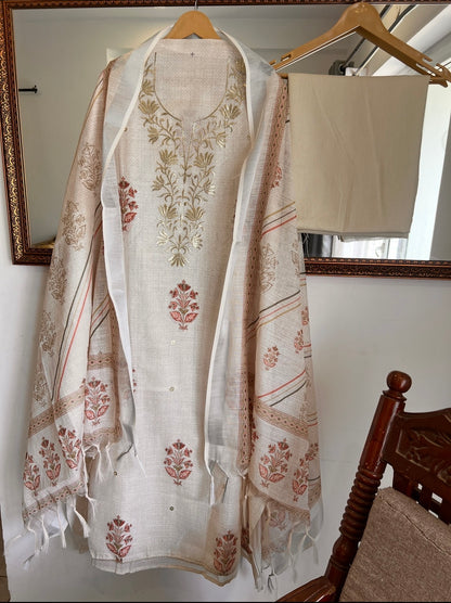 PITTA EMBROIDERED HAND-BLOCK LINEN SUIT SET