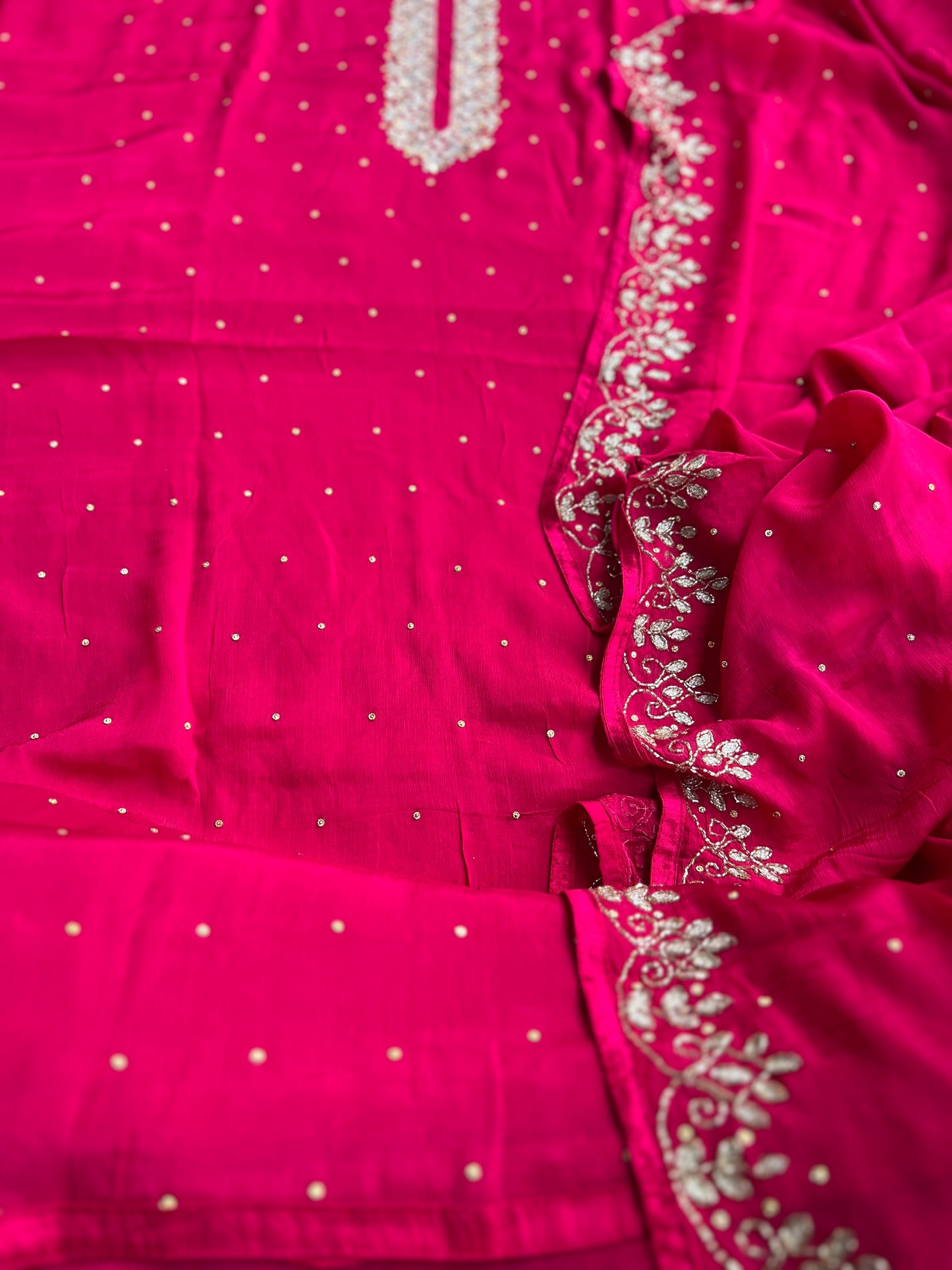 Luxury Rani Pink Pure Chinnon Suit Set with Kalkatta Handwork Dupatta