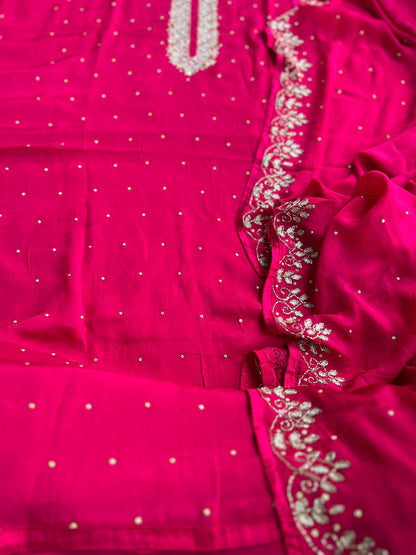 Luxury Rani Pink Pure Chinnon Suit Set with Kalkatta Handwork Dupatta