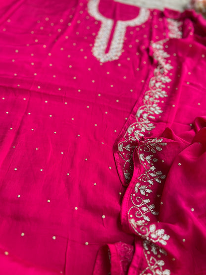 Luxury Rani Pink Pure Chinnon Suit Set with Kalkatta Handwork Dupatta