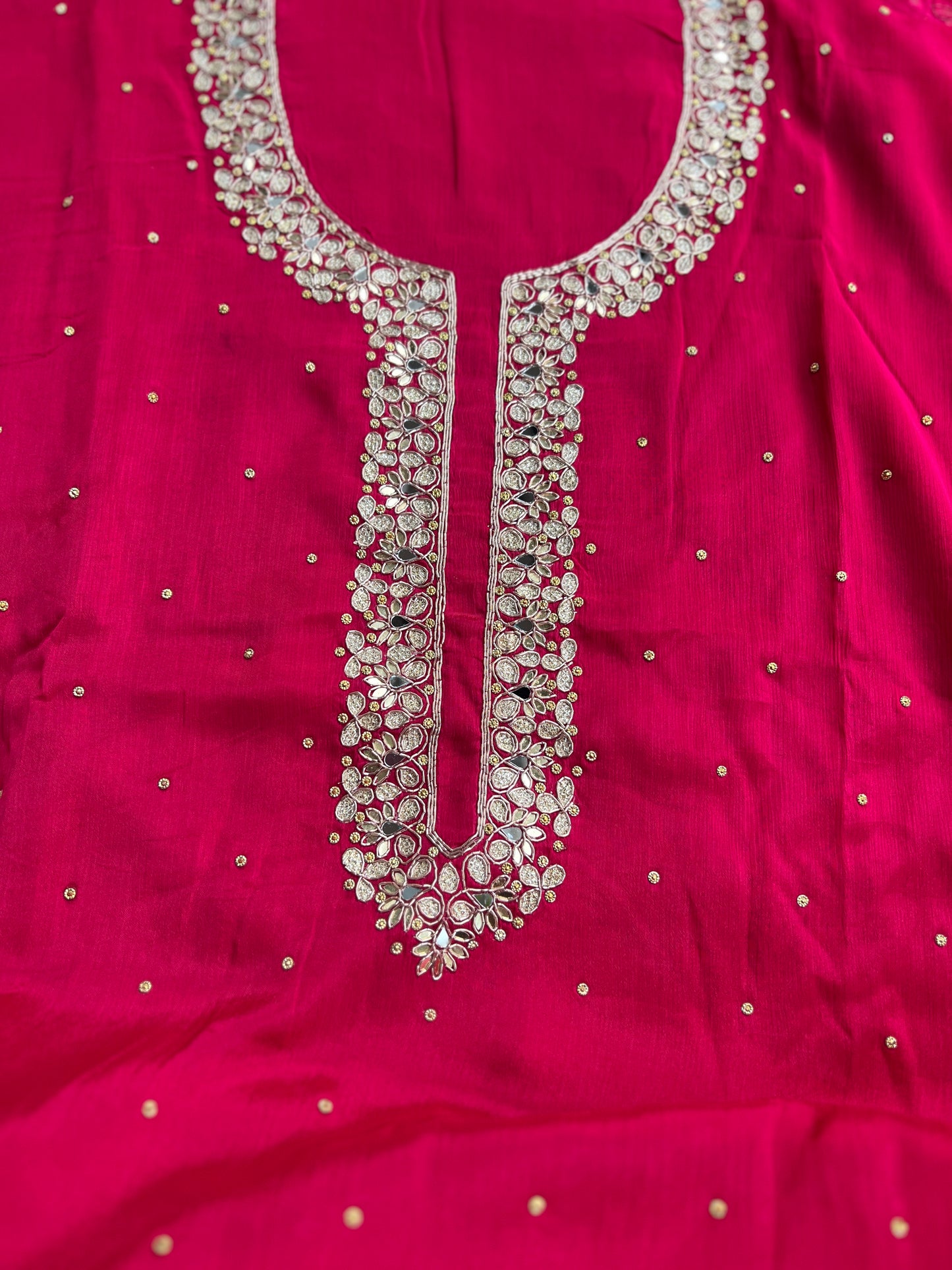 Luxury Rani Pink Pure Chinnon Suit Set with Kalkatta Handwork Dupatta