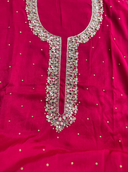 Luxury Rani Pink Pure Chinnon Suit Set with Kalkatta Handwork Dupatta