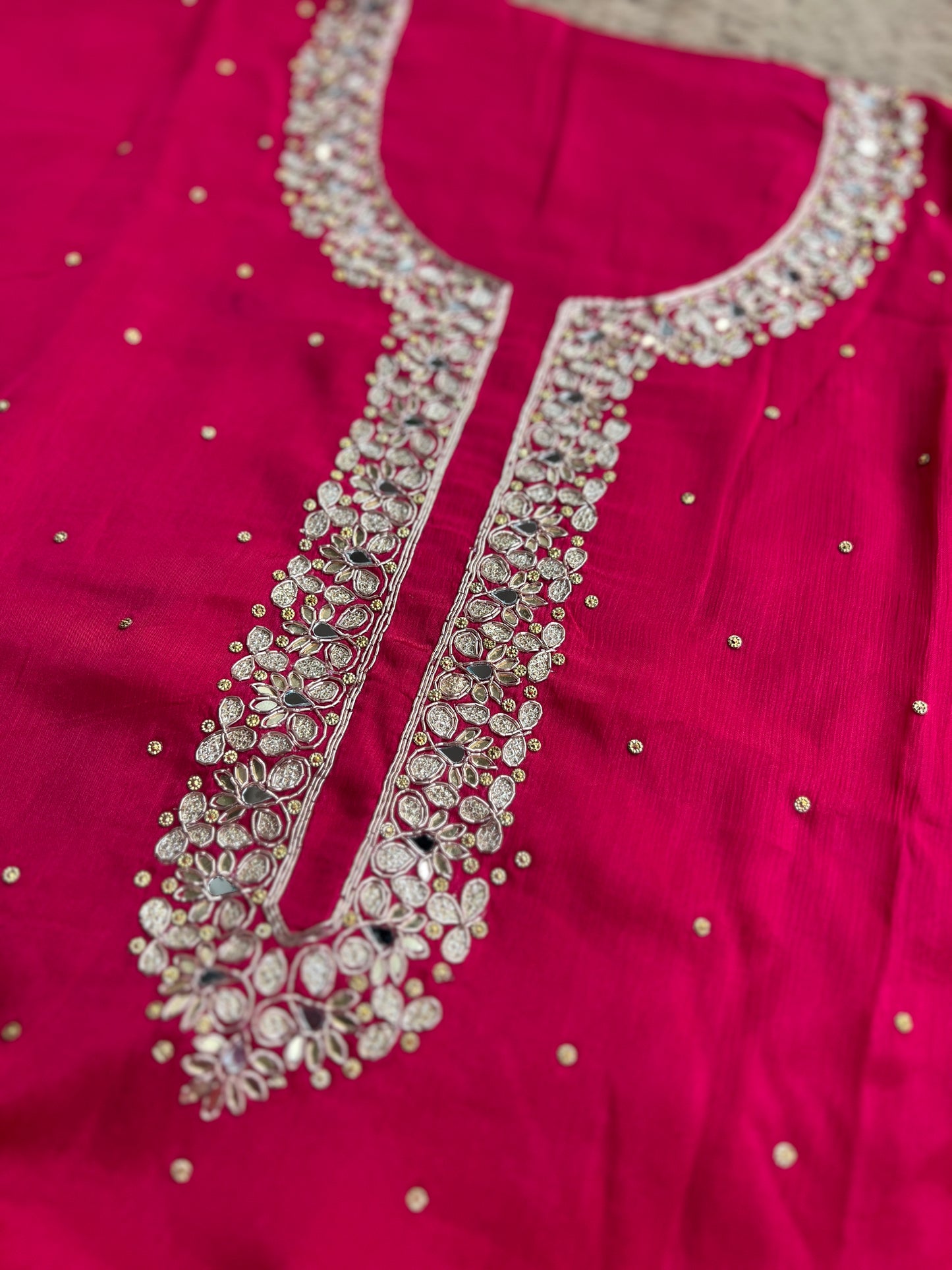 Luxury Rani Pink Pure Chinnon Suit Set with Kalkatta Handwork Dupatta