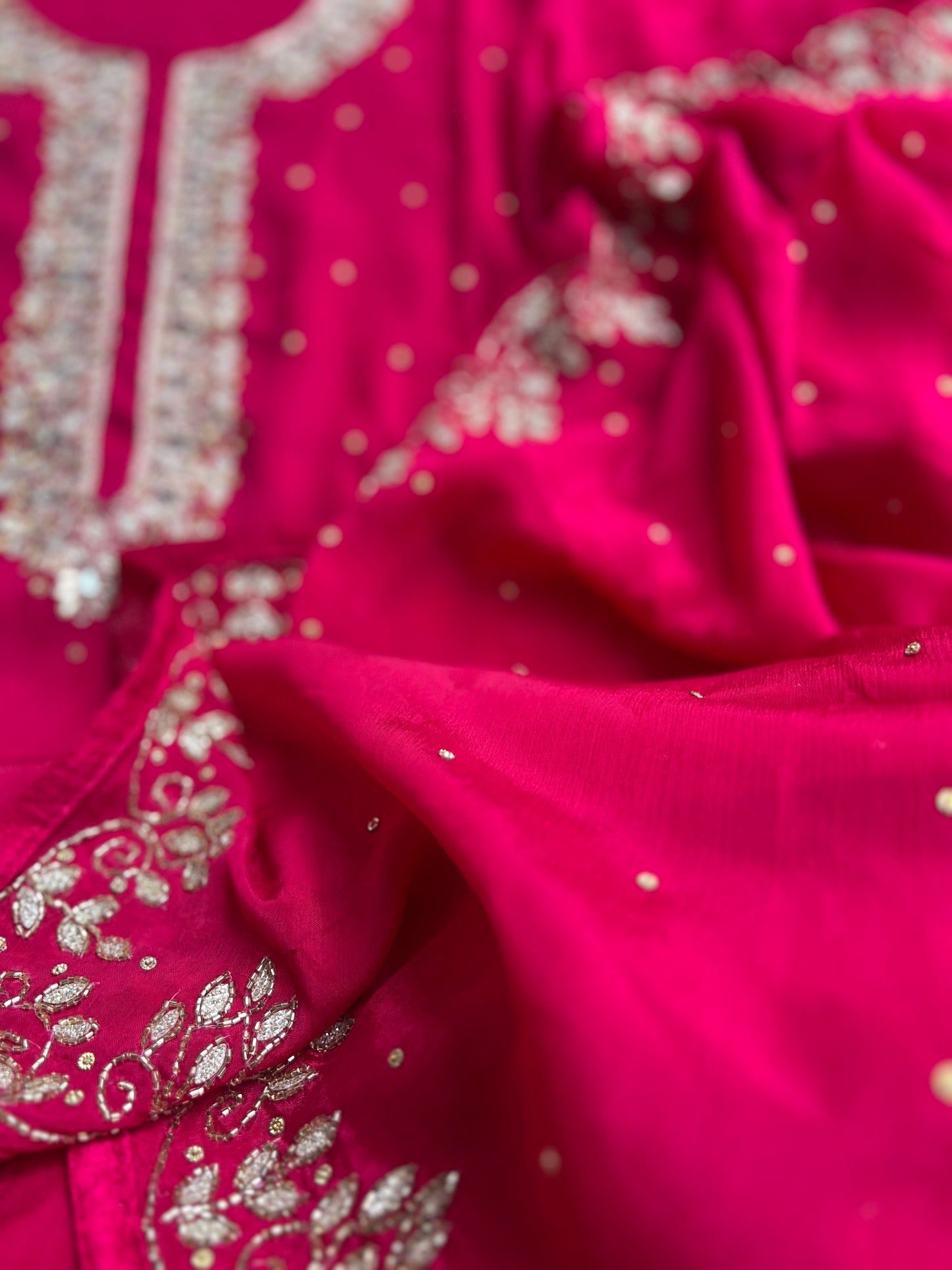 Luxury Rani Pink Pure Chinnon Suit Set with Kalkatta Handwork Dupatta