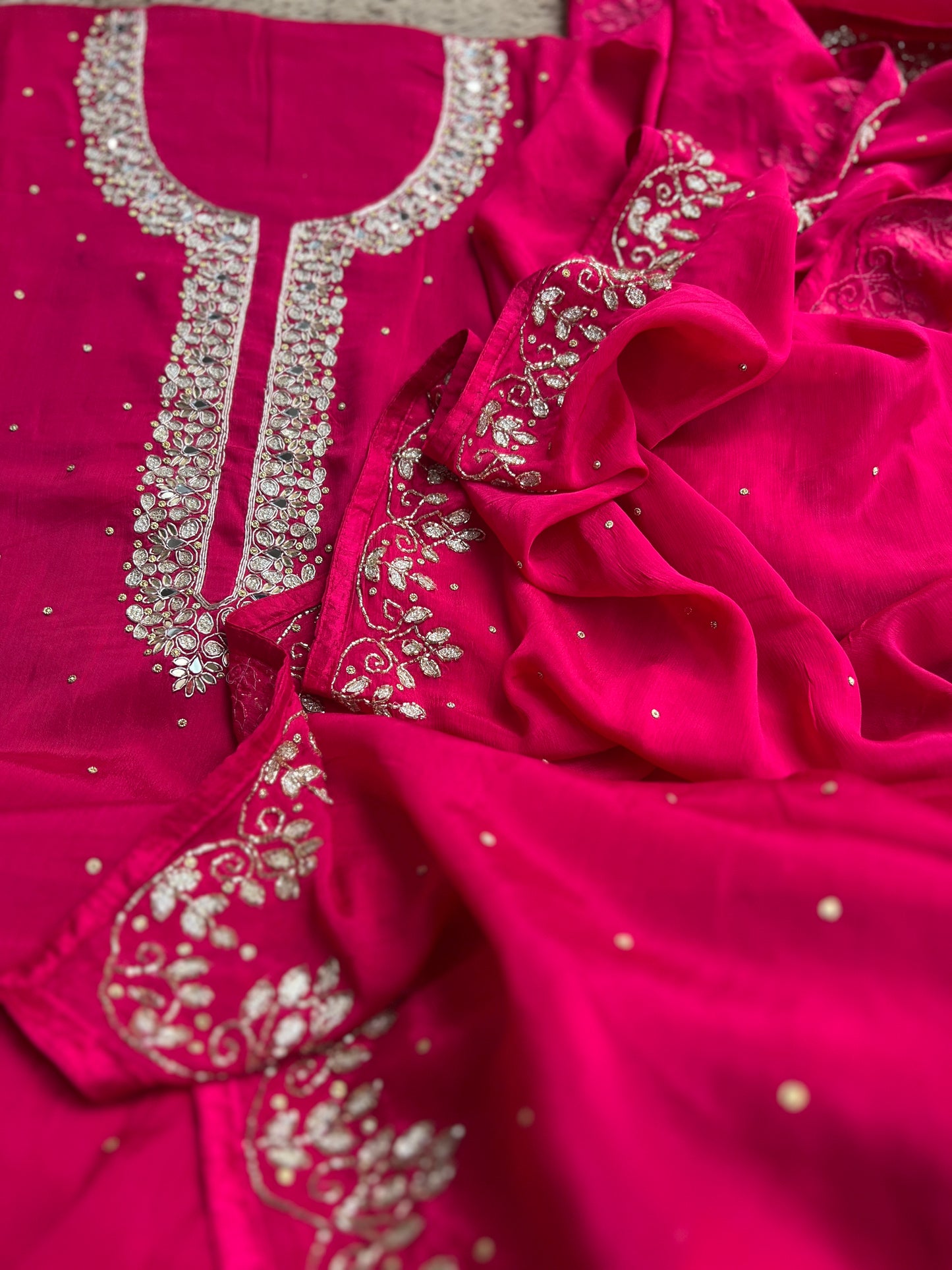 Luxury Rani Pink Pure Chinnon Suit Set with Kalkatta Handwork Dupatta