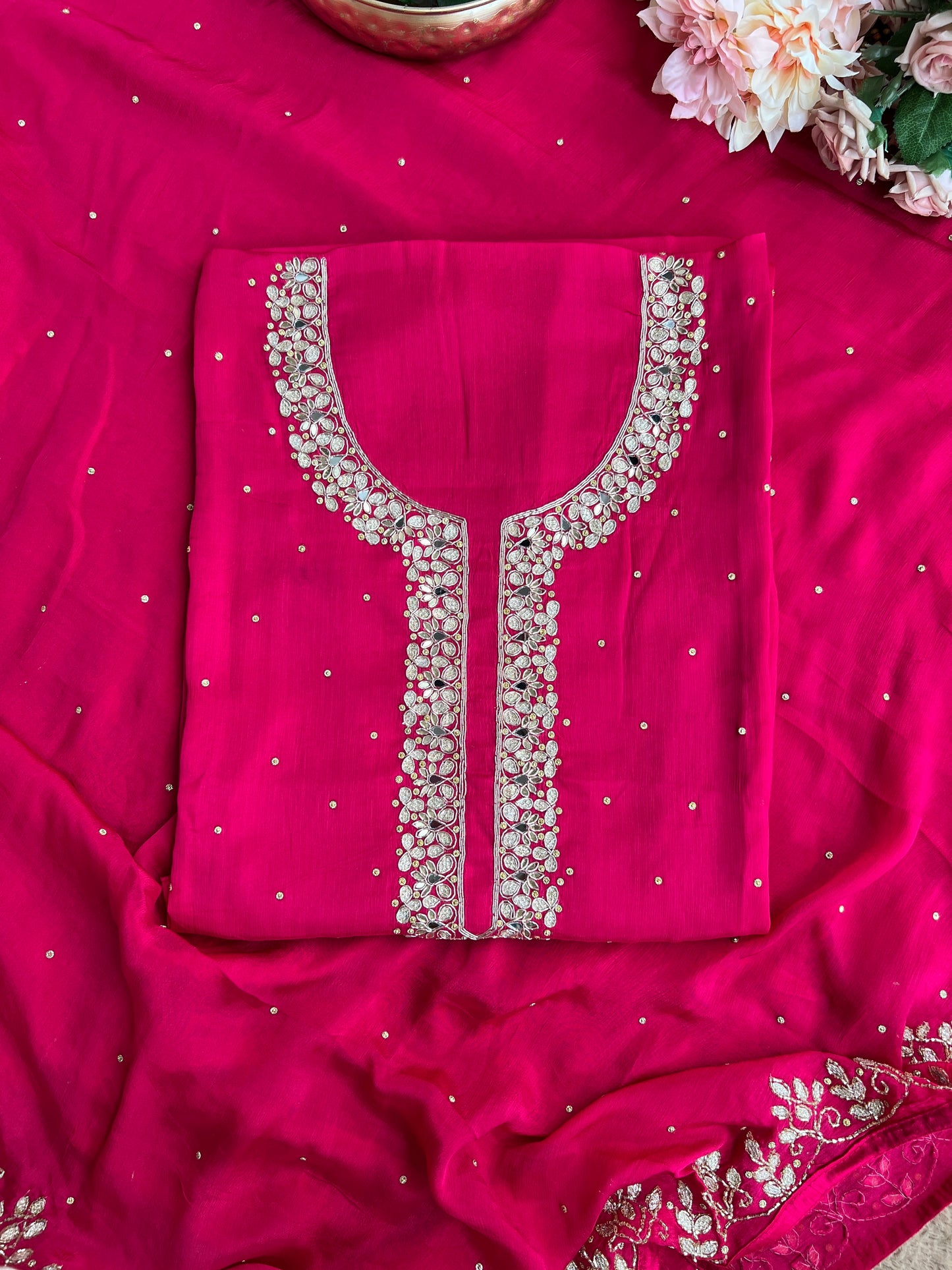 Luxury Rani Pink Pure Chinnon Suit Set with Kalkatta Handwork Dupatta