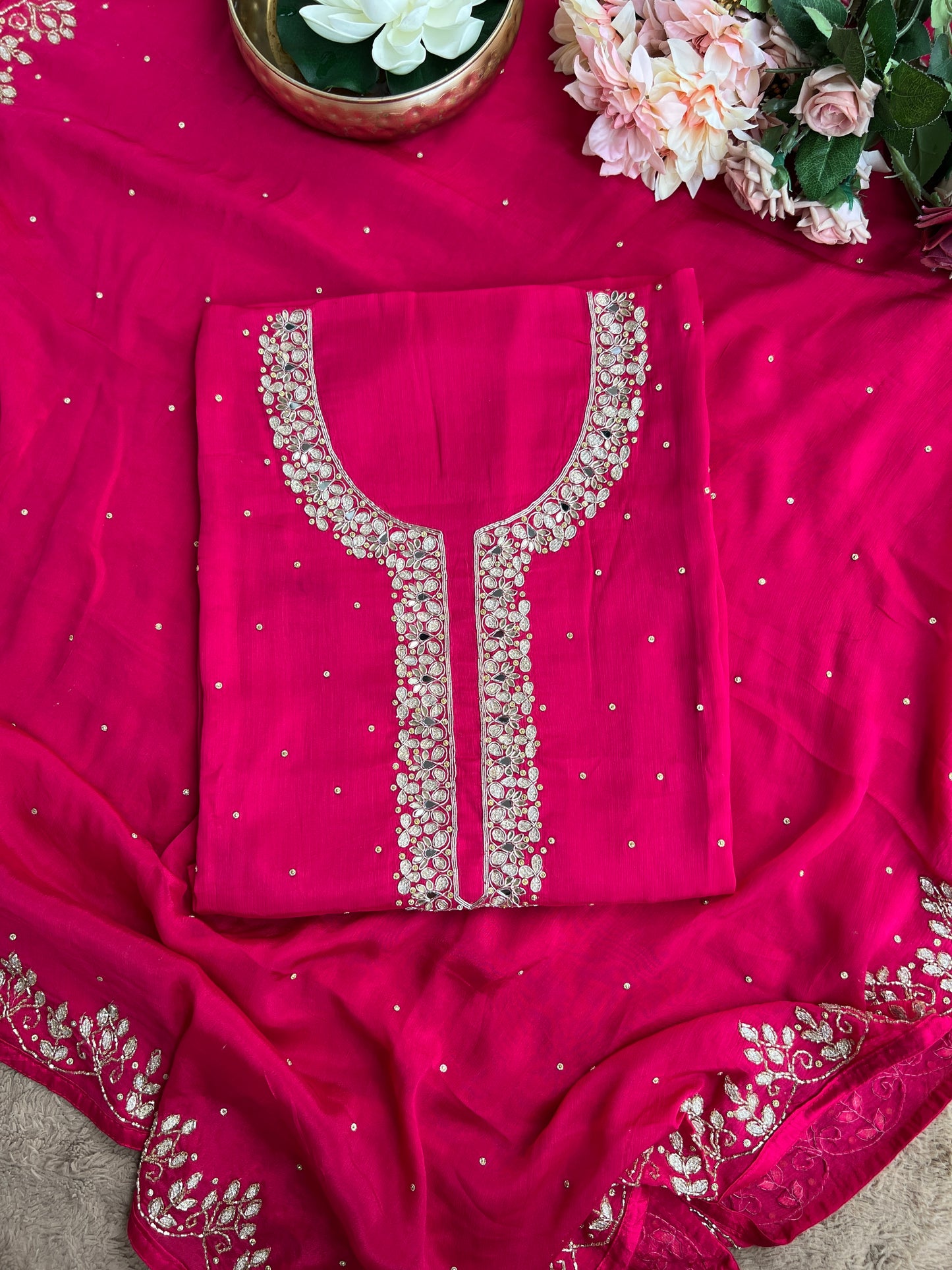 Luxury Rani Pink Pure Chinnon Suit Set with Kalkatta Handwork Dupatta