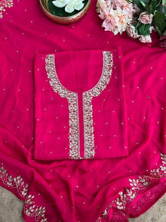 Luxury Rani Pink Pure Chinnon Suit Set with Kalkatta Handwork Dupatta