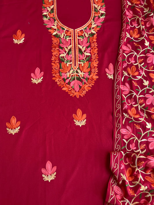 Garnet Blossom Unstitched Woolen Kashmiri Suit Set