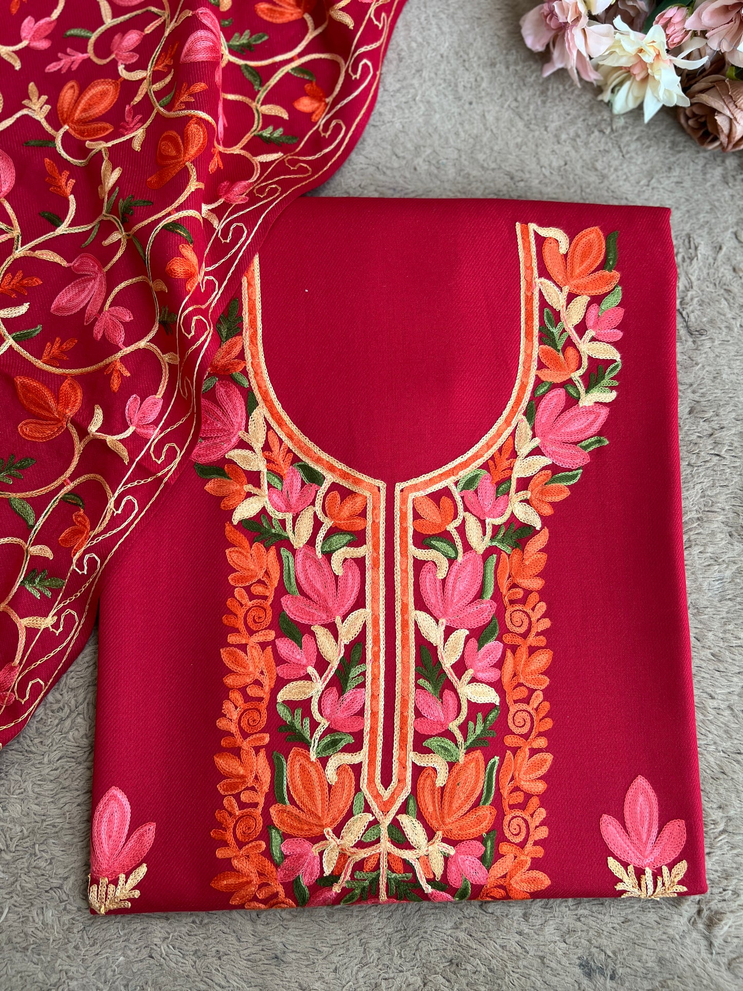 Garnet Blossom Unstitched Woolen Kashmiri Suit Set