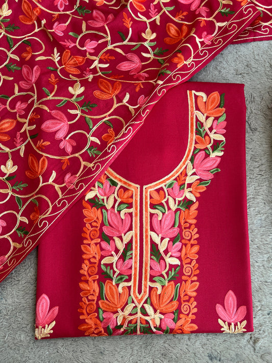 Garnet Blossom Unstitched Woolen Kashmiri Suit Set