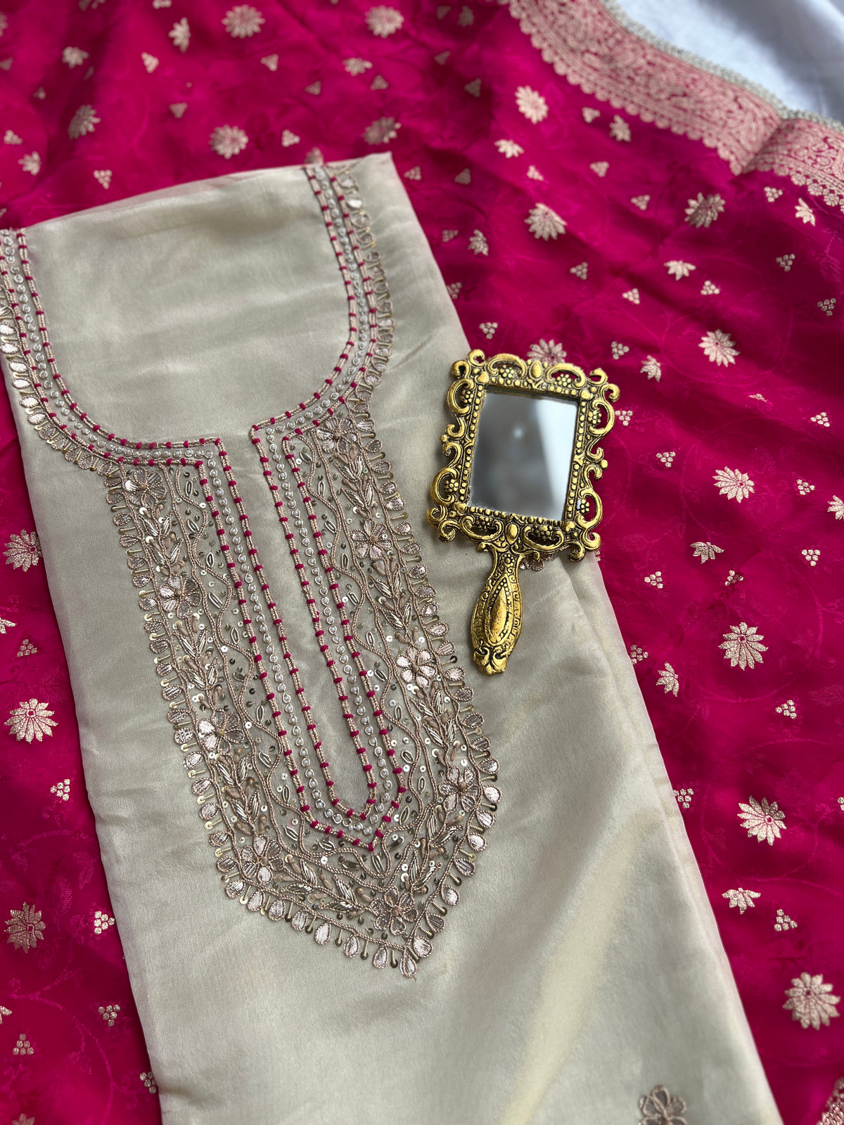 Ivory Handworked Suit with Rani Pink Banarasi Dupatta