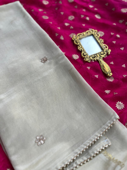 Ivory Handworked Suit with Rani Pink Banarasi Dupatta