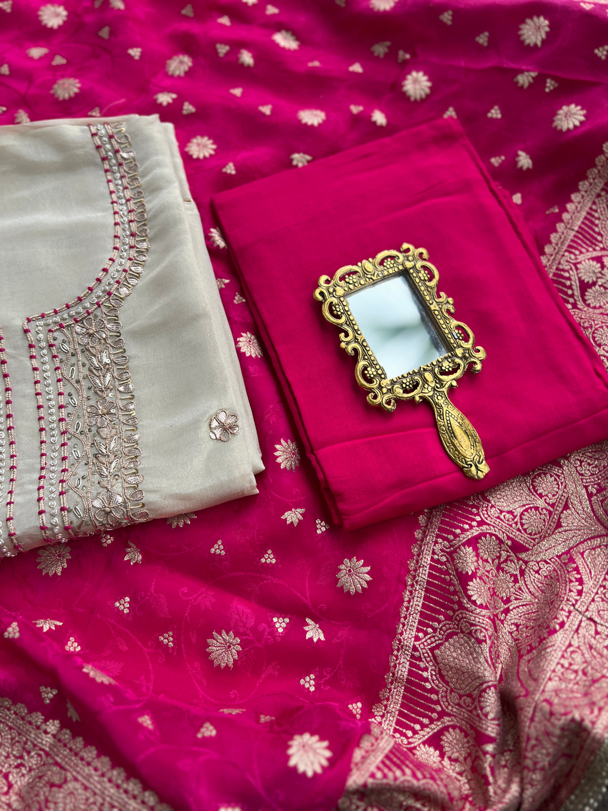 Ivory Handworked Suit with Rani Pink Banarasi Dupatta