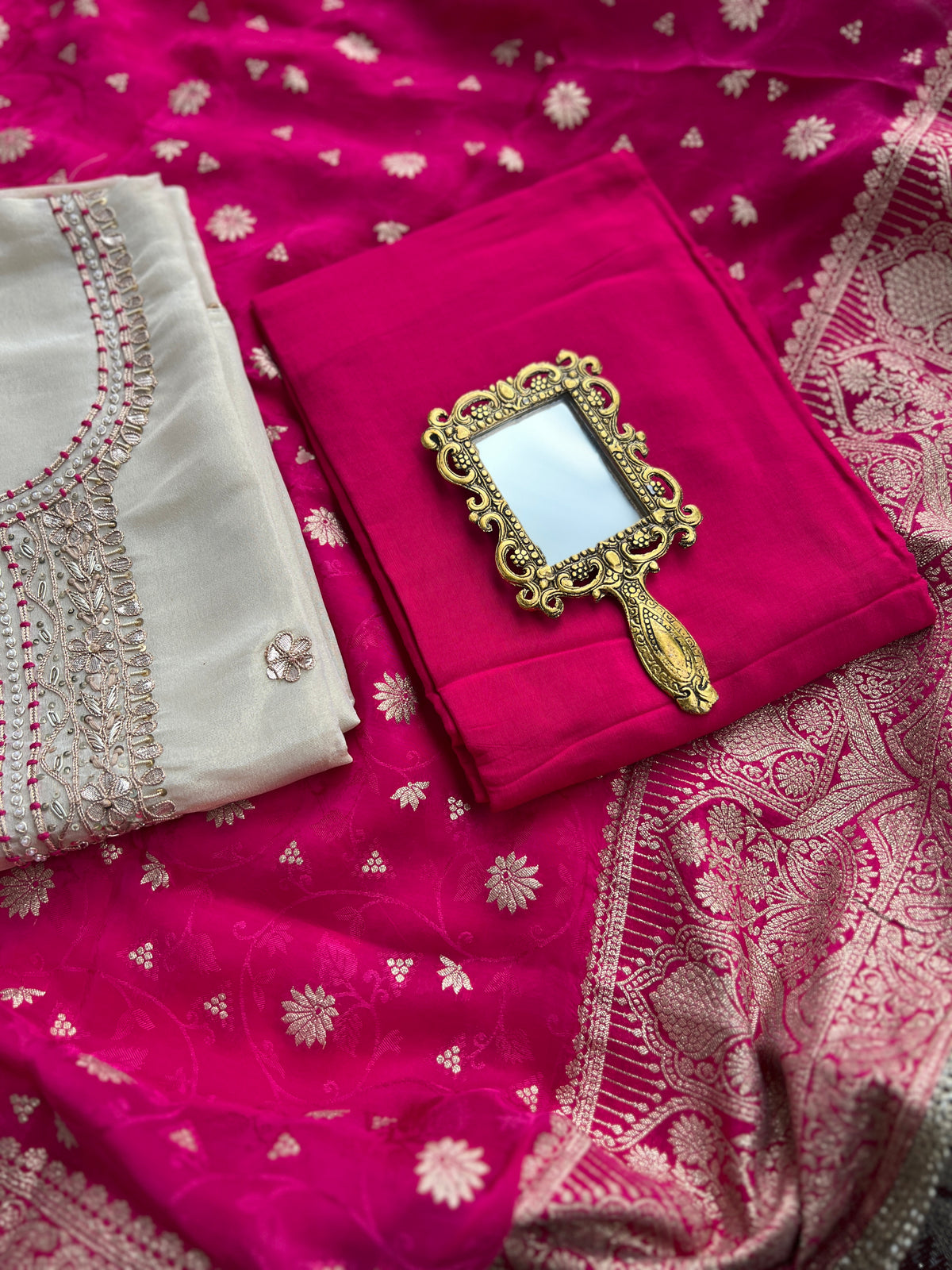 Ivory Handworked Suit with Rani Pink Banarasi Dupatta