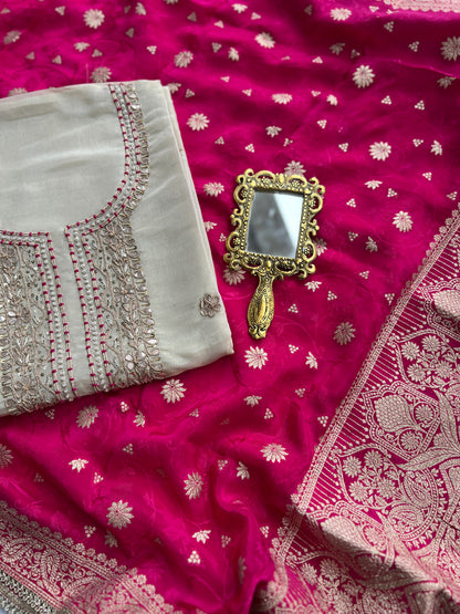 Ivory Handworked Suit with Rani Pink Banarasi Dupatta