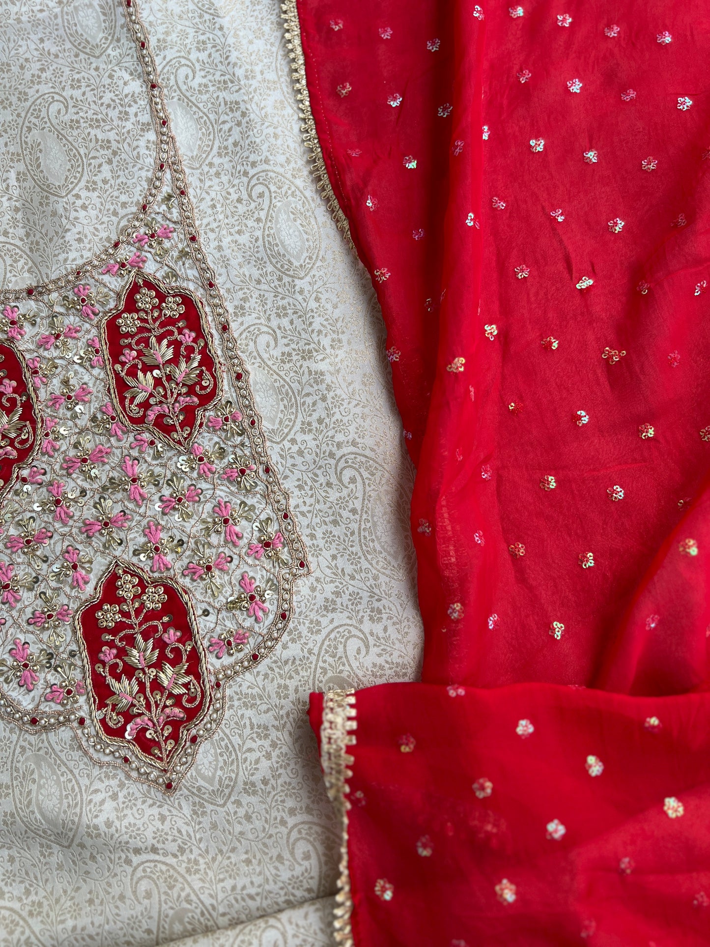 Brocade Banarasi Handworked Suit Set with Sequins Dupatta – Winter Wedding Edit