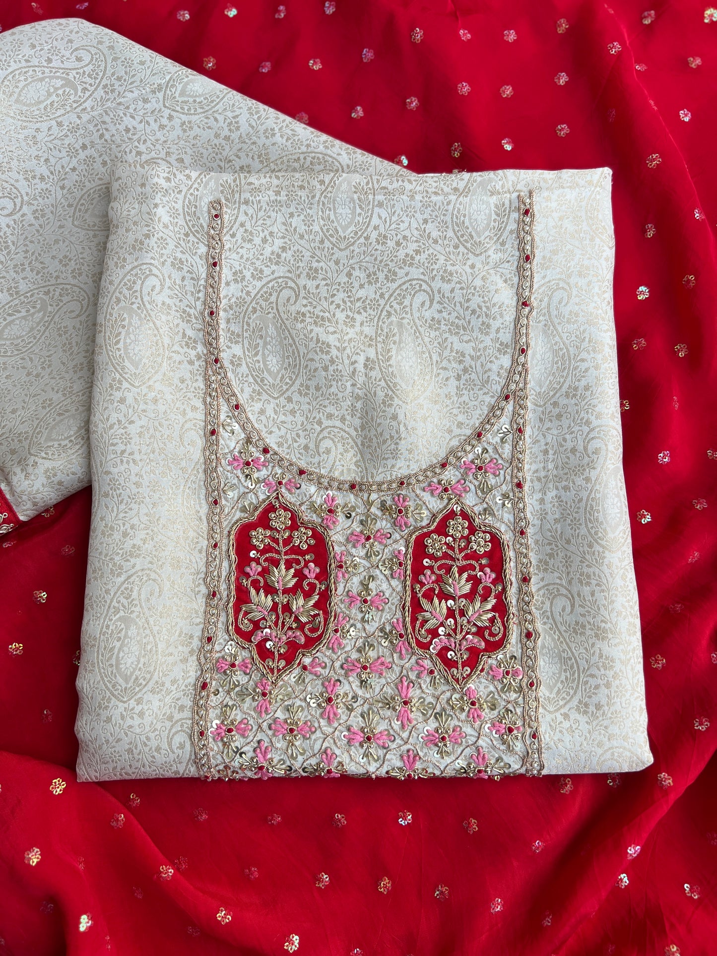 Brocade Banarasi Handworked Suit Set with Sequins Dupatta – Winter Wedding Edit