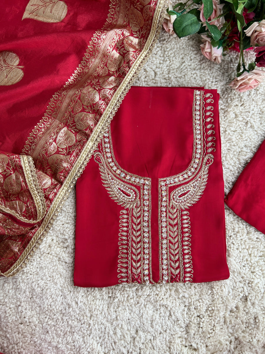 Red  Handwork Suit With Silk Dupatta