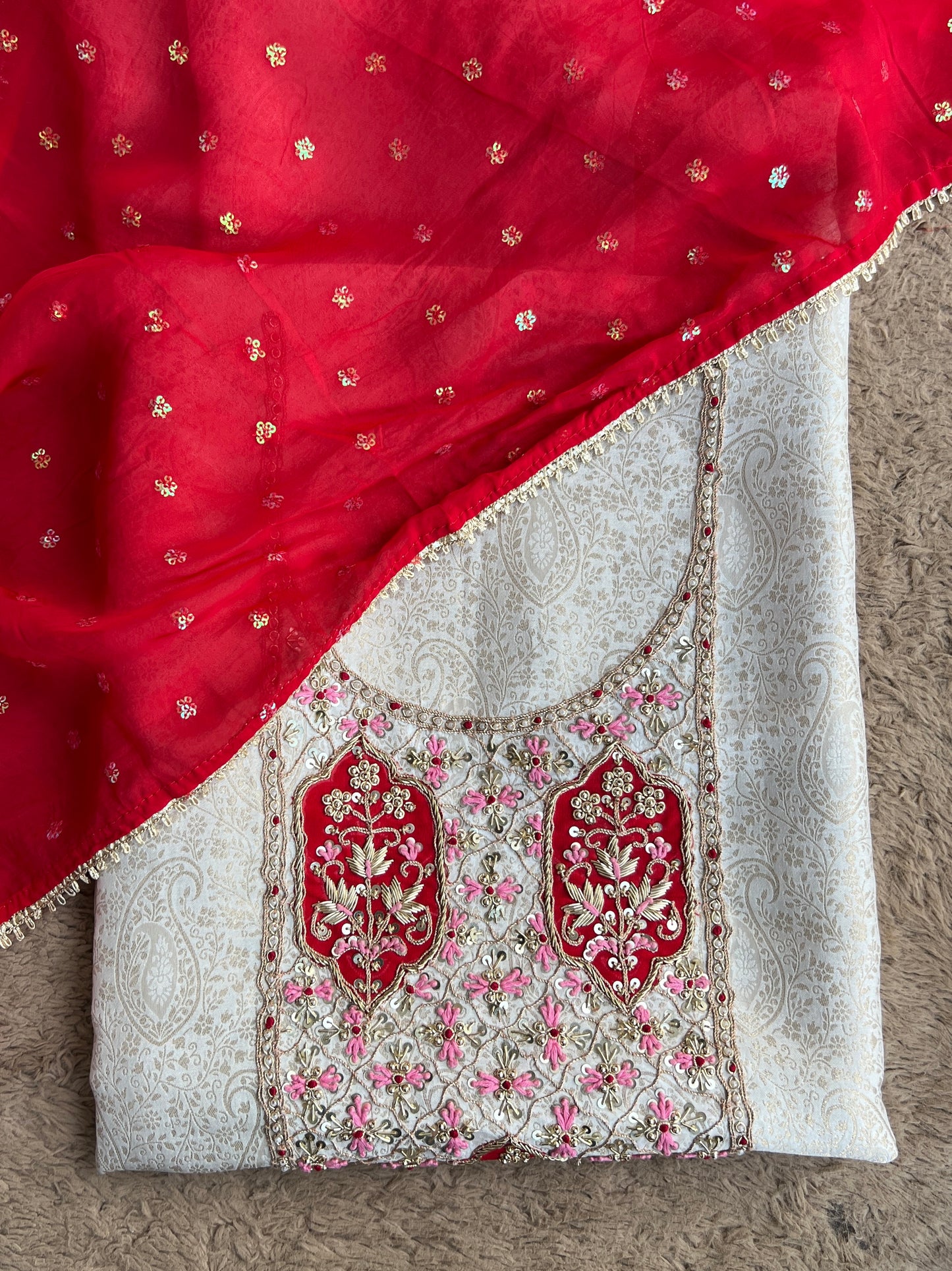 Brocade Banarasi Handworked Suit Set with Sequins Dupatta – Winter Wedding Edit