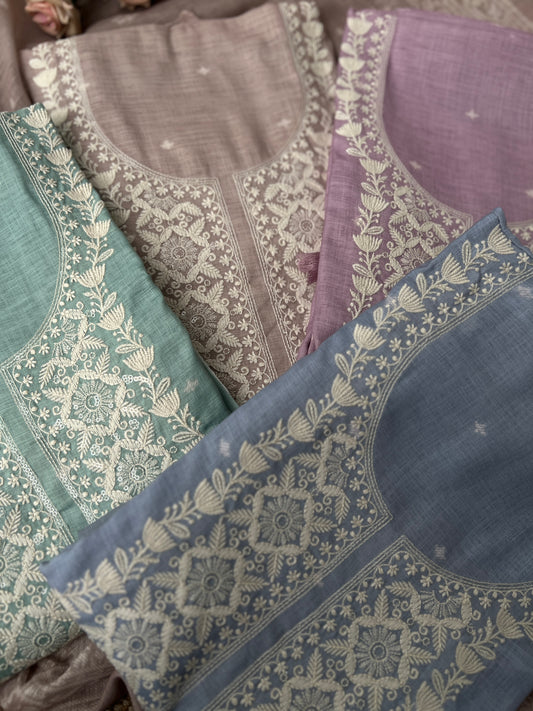Soft-Toned Linen Sets with Intricate Thread Work