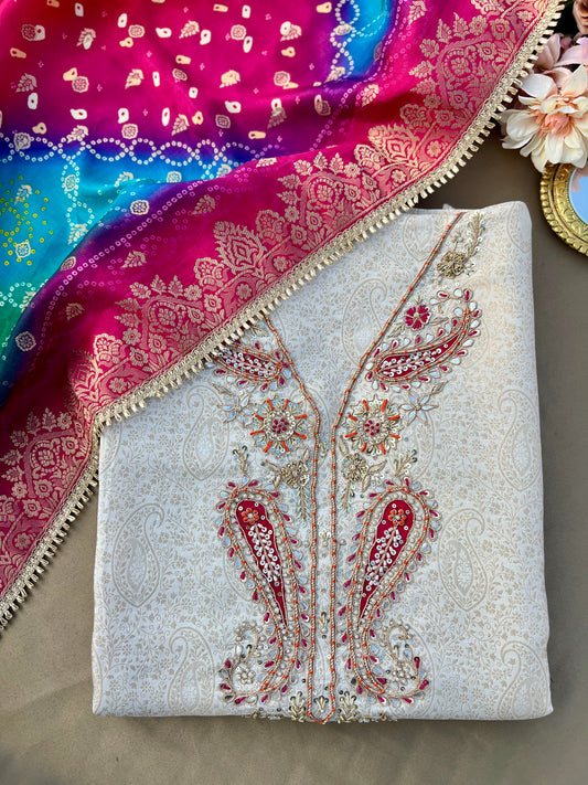 Banarasi Brocade Suit with  bandhni Inspired Silk Dupatta