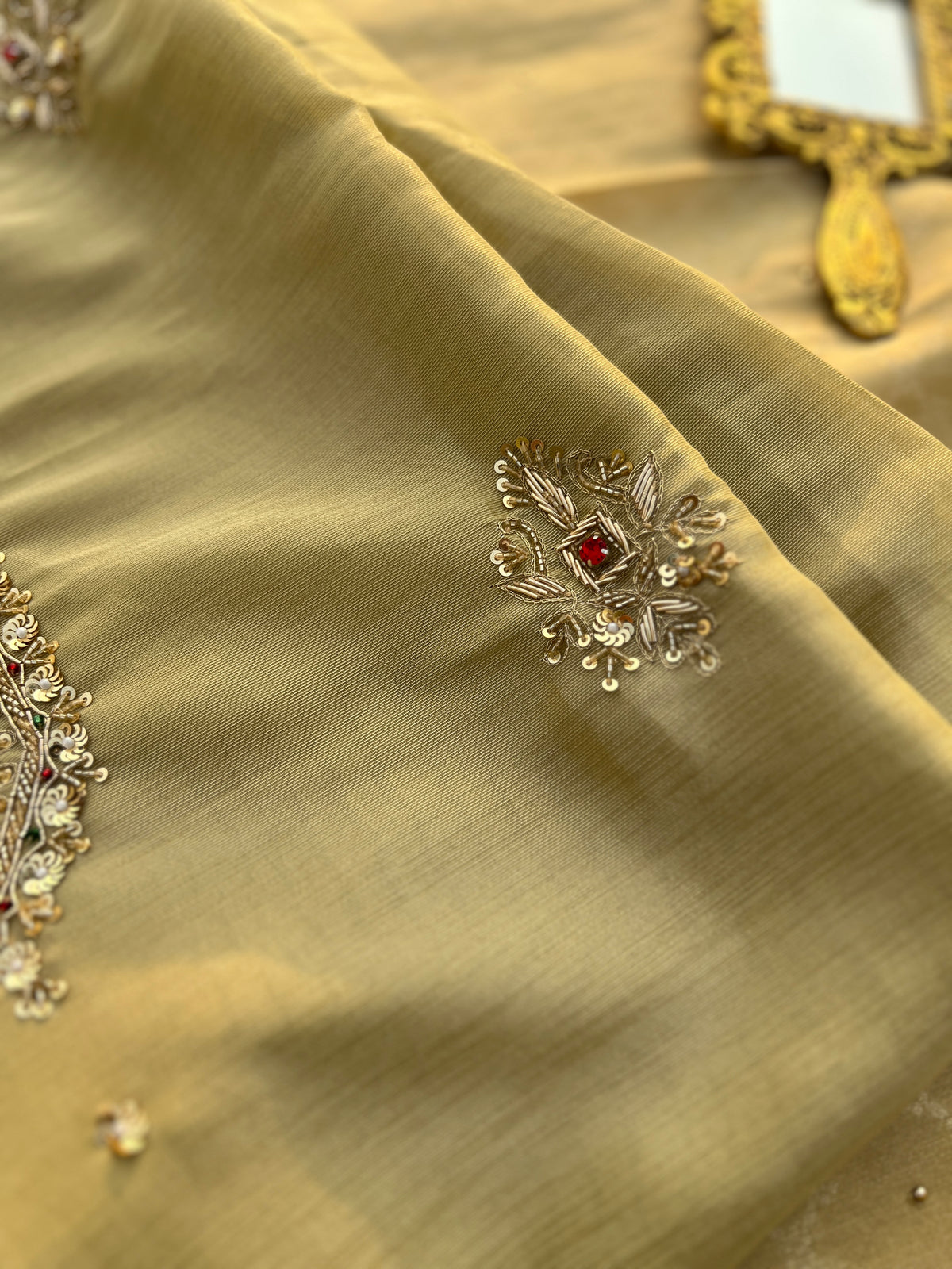Golden Grace-Handcrafted Elegance with  Banarasi Dupatta