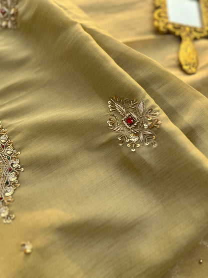 Golden Grace-Handcrafted Elegance with  Banarasi Dupatta