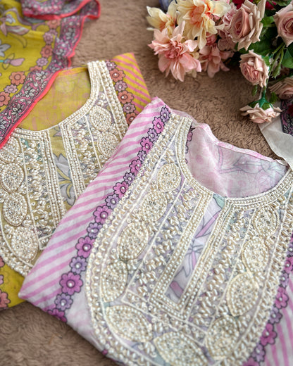 Graceful Organza Prints with Beaded Neckline