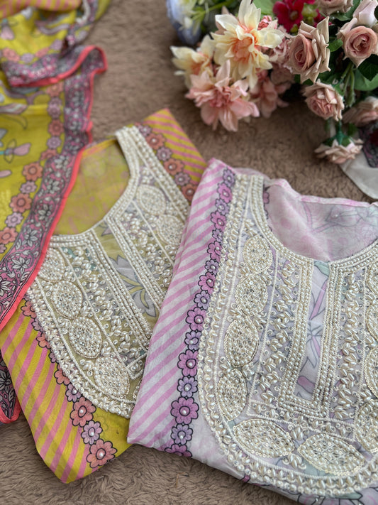 Graceful Organza Prints with Beaded Neckline