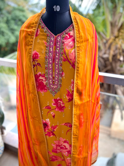 Trendy Radiance – Yellow & Fuchsia Pink Russian Silk Ready to Wear Suit with Handwork