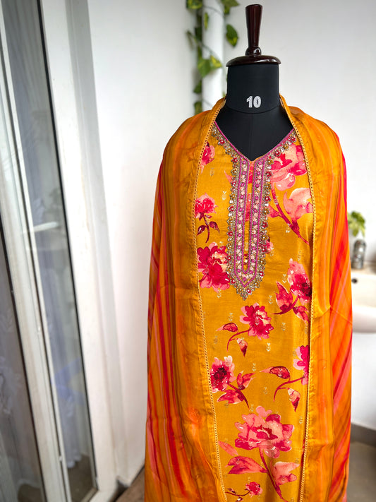 Trendy Radiance – Yellow & Fuchsia Pink Russian Silk Ready to Wear Suit with Handwork