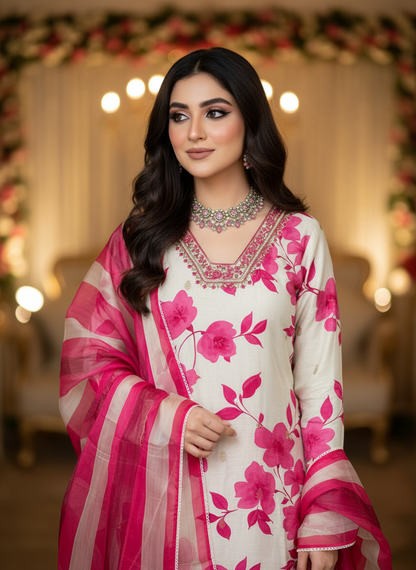 Royal Charm – White & Fuchsia Rani Russian Silk Suit with Handwork & Organza Dupatta