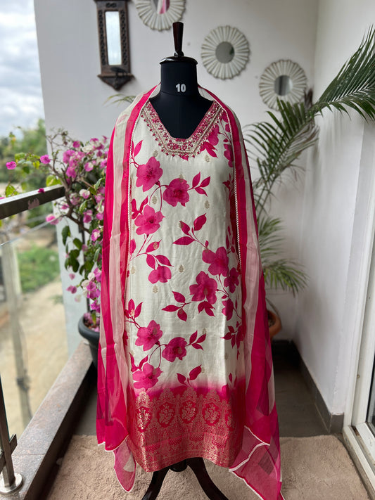 Royal Charm – White & Fuchsia Rani Russian Silk Suit with Handwork & Organza Dupatta