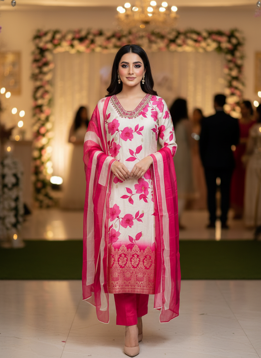 Royal Charm – White & Fuchsia Rani Russian Silk Suit with Handwork & Organza Dupatta
