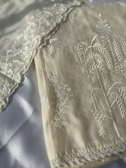 White Embroidered Unstitched Mal Chanderi Suit