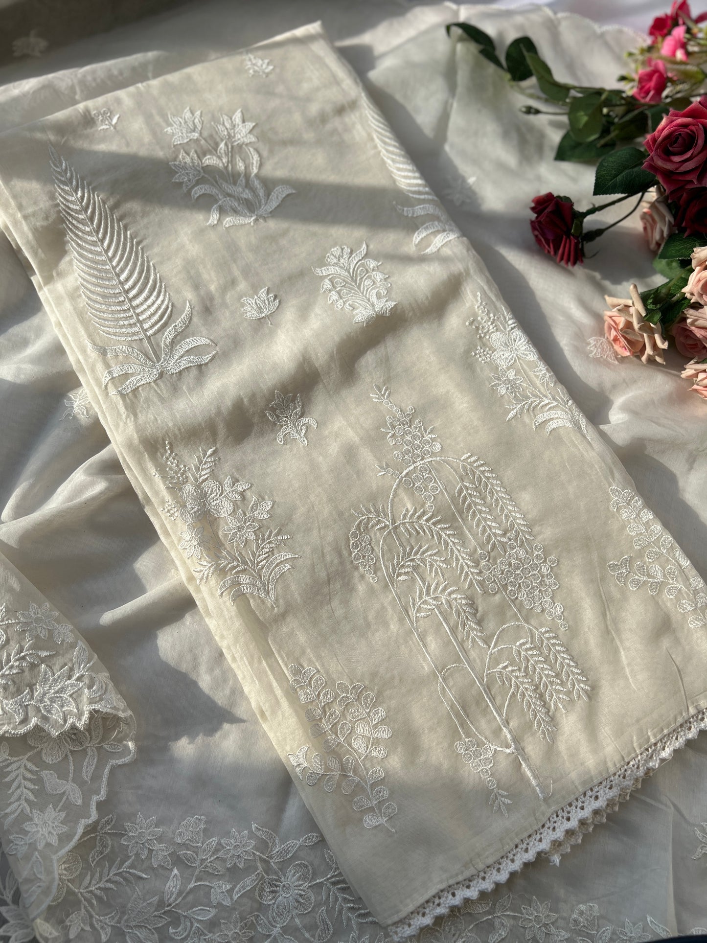 White Embroidered Unstitched Mal Chanderi Suit