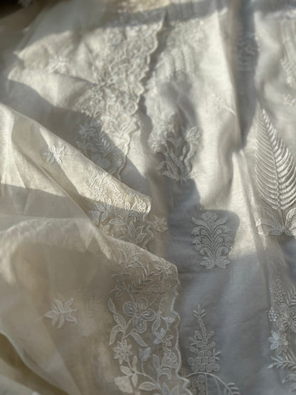 White Embroidered Unstitched Mal Chanderi Suit