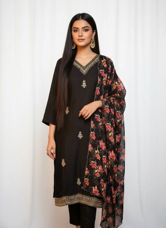 Midnight Elegance – Black Tussar Silk Suit with Kalkatta Handwork &  Floral Chiffon Dupatta