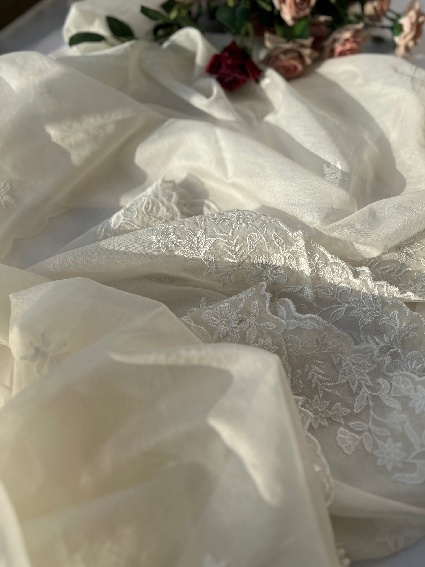 White Embroidered Unstitched Mal Chanderi Suit
