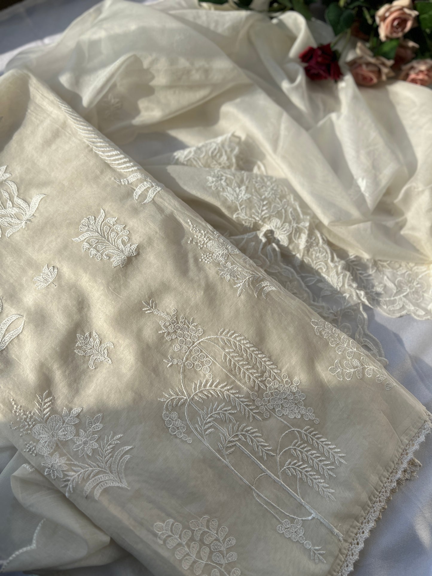 White Embroidered Unstitched Mal Chanderi Suit
