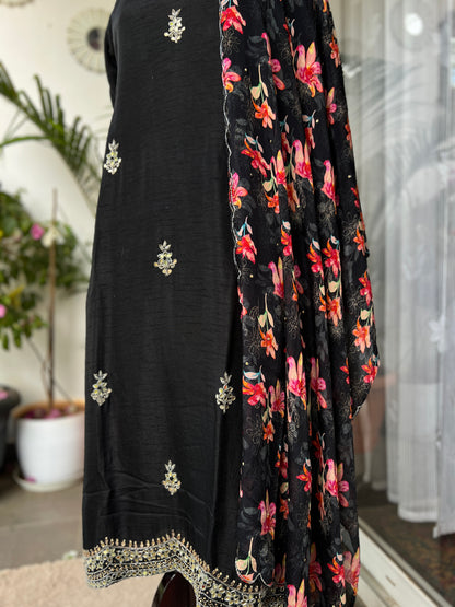 Midnight Elegance – Black Tussar Silk Suit with Kalkatta Handwork &  Floral Chiffon Dupatta