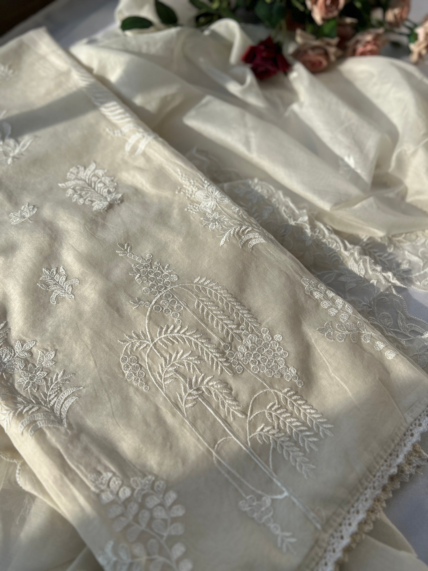White Embroidered Unstitched Mal Chanderi Suit