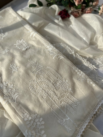 White Embroidered Unstitched Mal Chanderi Suit