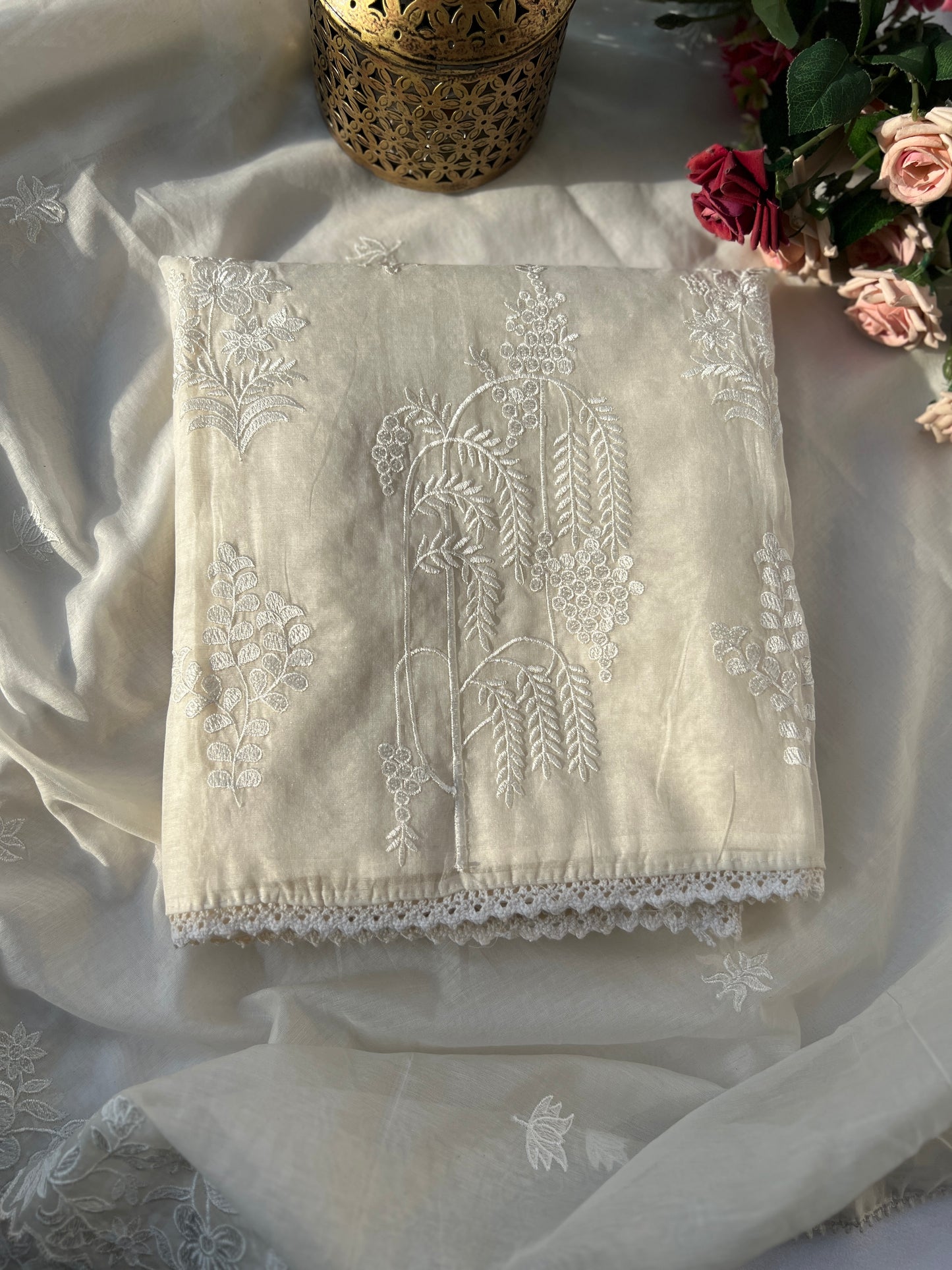White Embroidered Unstitched Mal Chanderi Suit