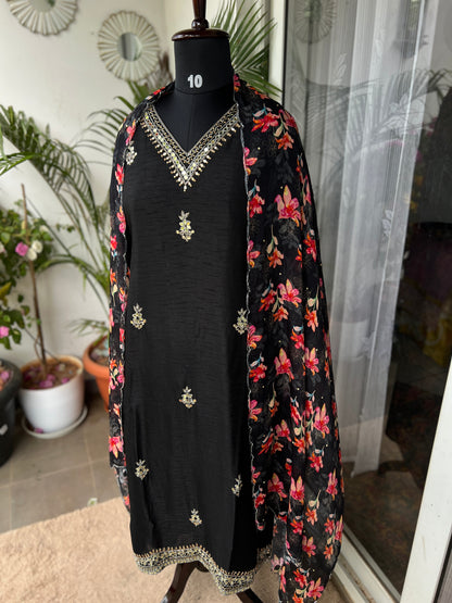Midnight Elegance – Black Tussar Silk Suit with Kalkatta Handwork &  Floral Chiffon Dupatta