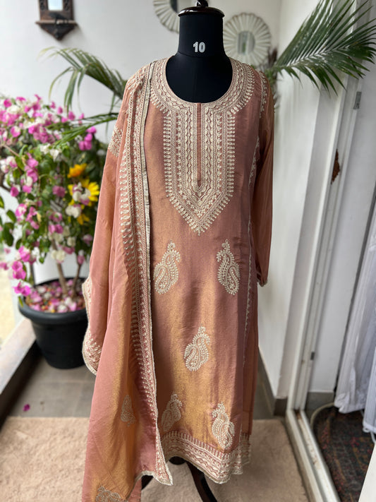 Golden Elegance – Shimmer Silk Ready to Wear Suit with Intricate Embroidery & Lace Detailing