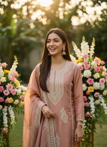 Golden Elegance – Shimmer Silk Ready to Wear Suit with Intricate Embroidery & Lace Detailing