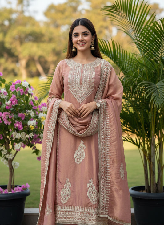 Golden Elegance – Shimmer Silk Ready to Wear Suit with Intricate Embroidery & Lace Detailing