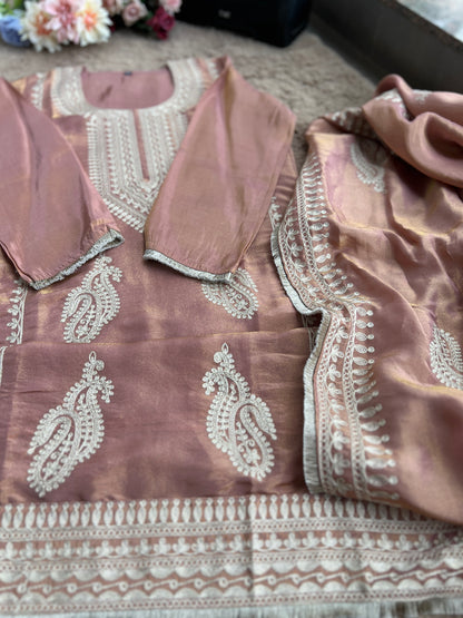 Golden Elegance – Shimmer Silk Ready to Wear Suit with Intricate Embroidery & Lace Detailing